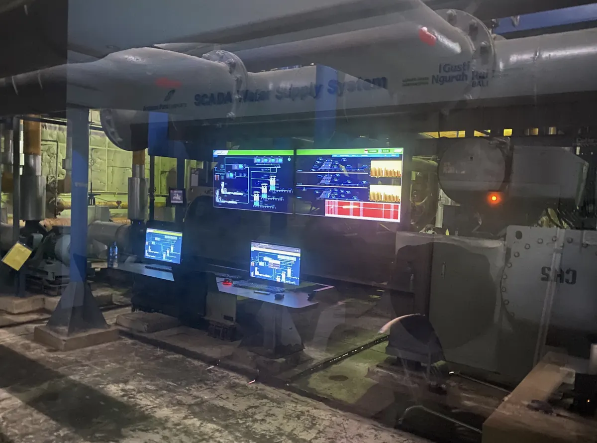 SCADA water supply system workstation in the pump room at I Gusti Ngurah Rai International Airport, Bali